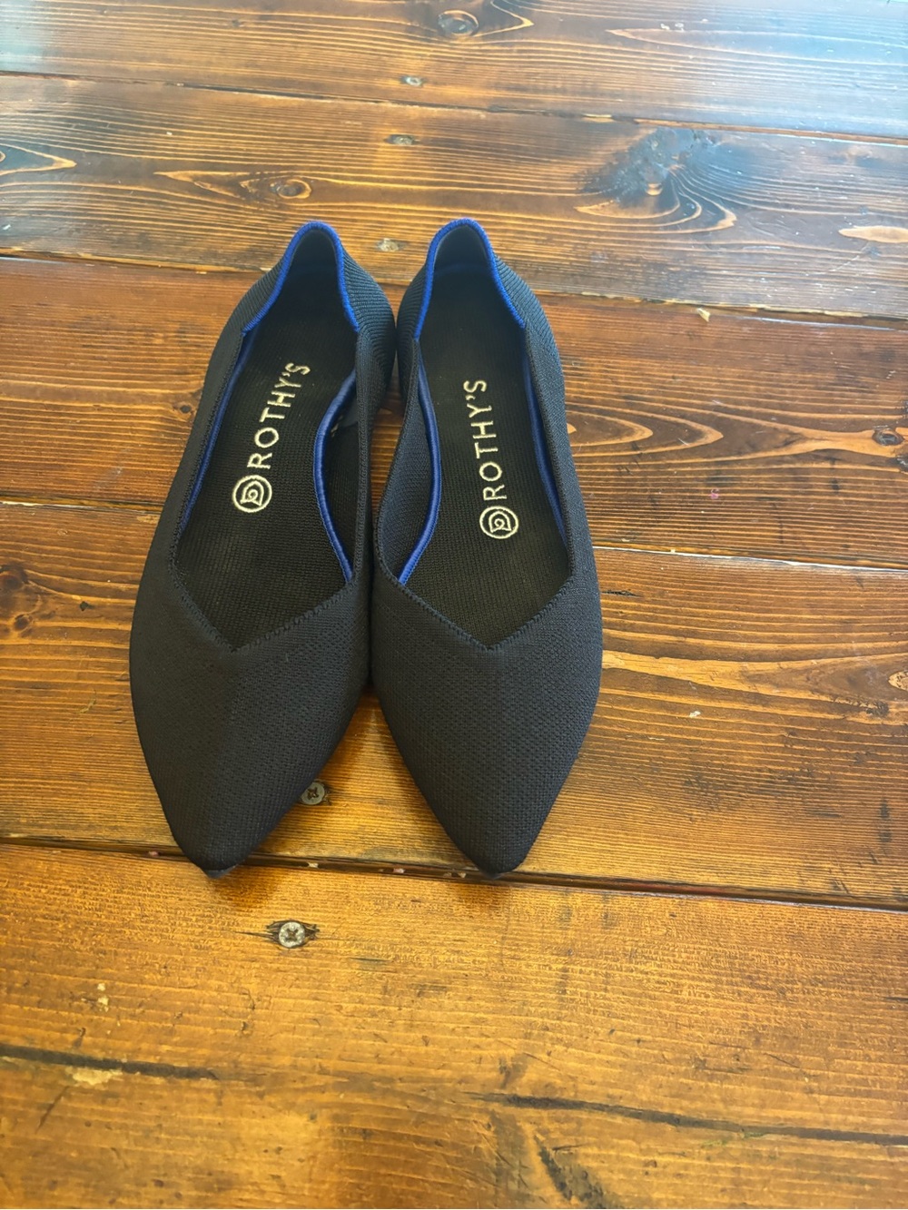 Rothy's Black Pointed Flat with Blue Lining